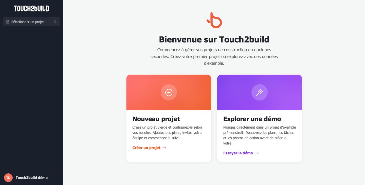 Écran d'accueil Bienvenue sur Touch2build