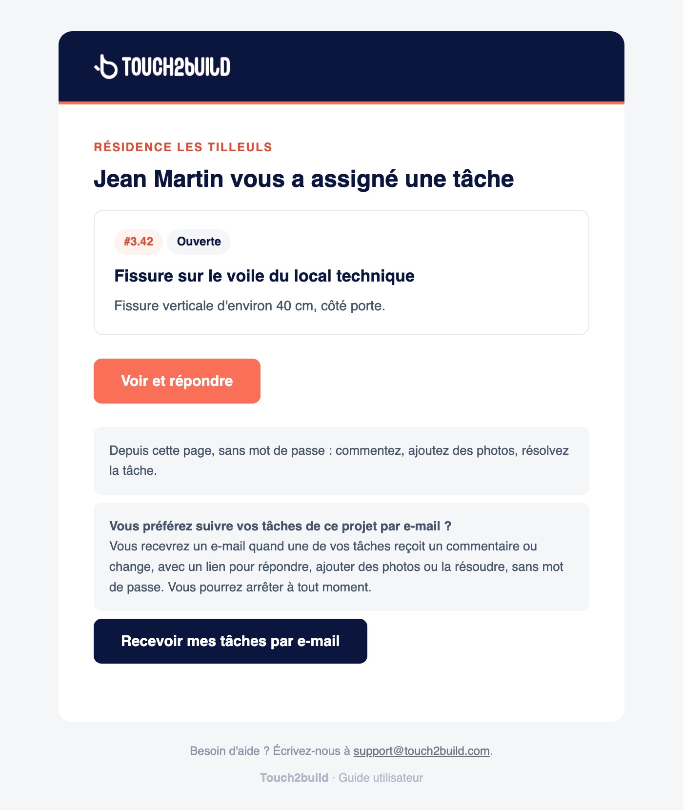 Mail d'assignation avec la proposition de recevoir ses tâches par e-mail