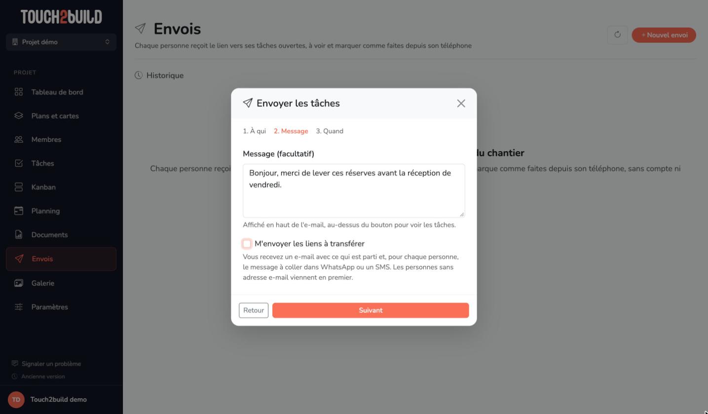 Le message joint à l'envoi