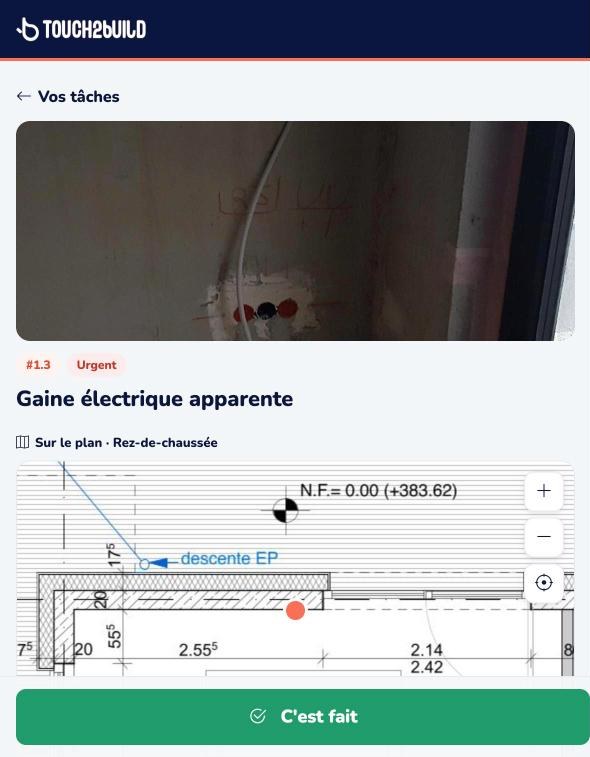 Une tâche, avec sa photo et sa position sur le plan