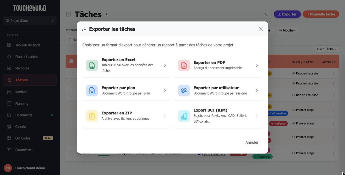 Choix du format d'export