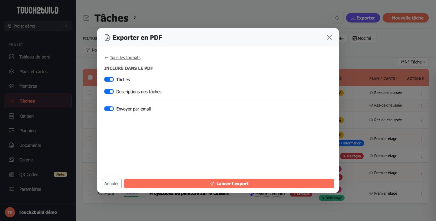 Options de l'export PDF