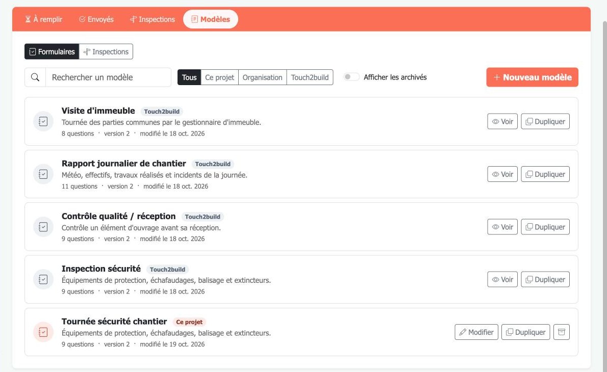Liste des modèles de formulaire