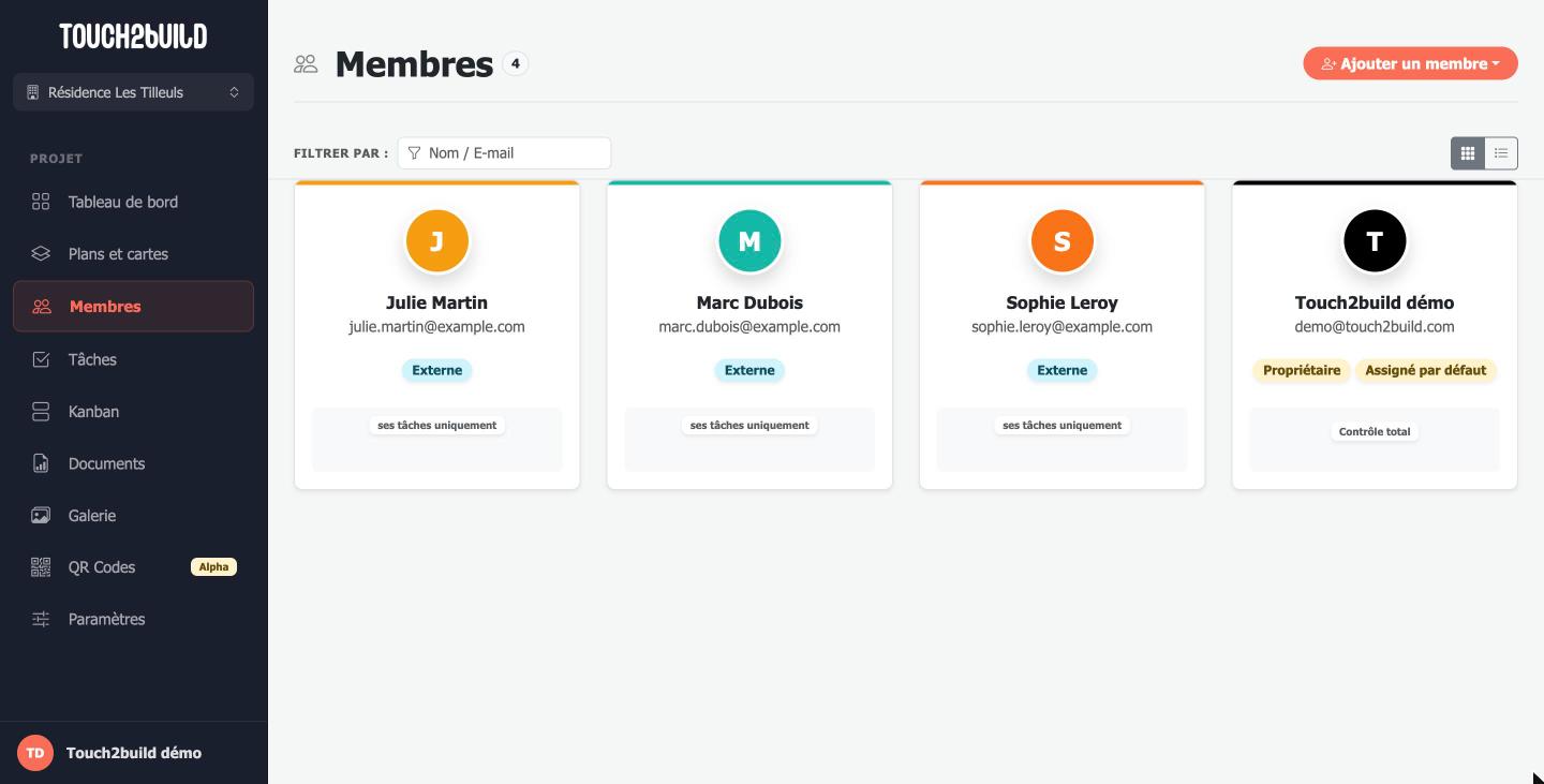 Page Membres en vue grille