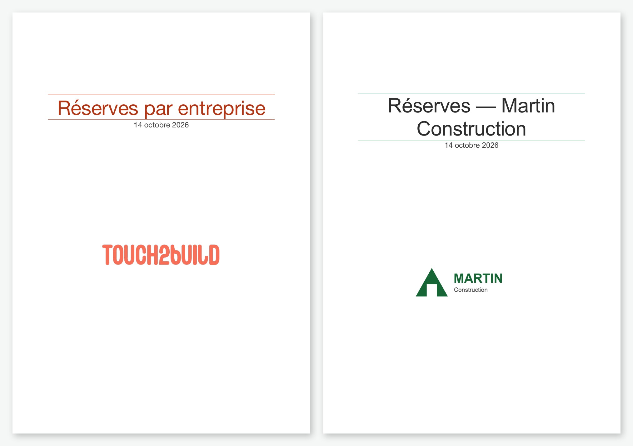 Page de garde avec le modèle Touch2build et avec le modèle de l'entreprise
