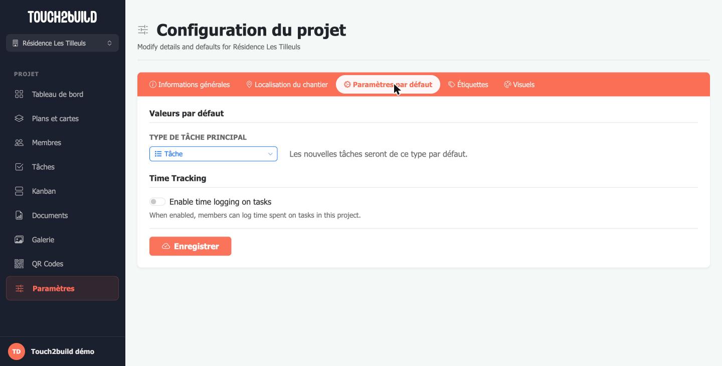 Onglet Paramètres par défaut