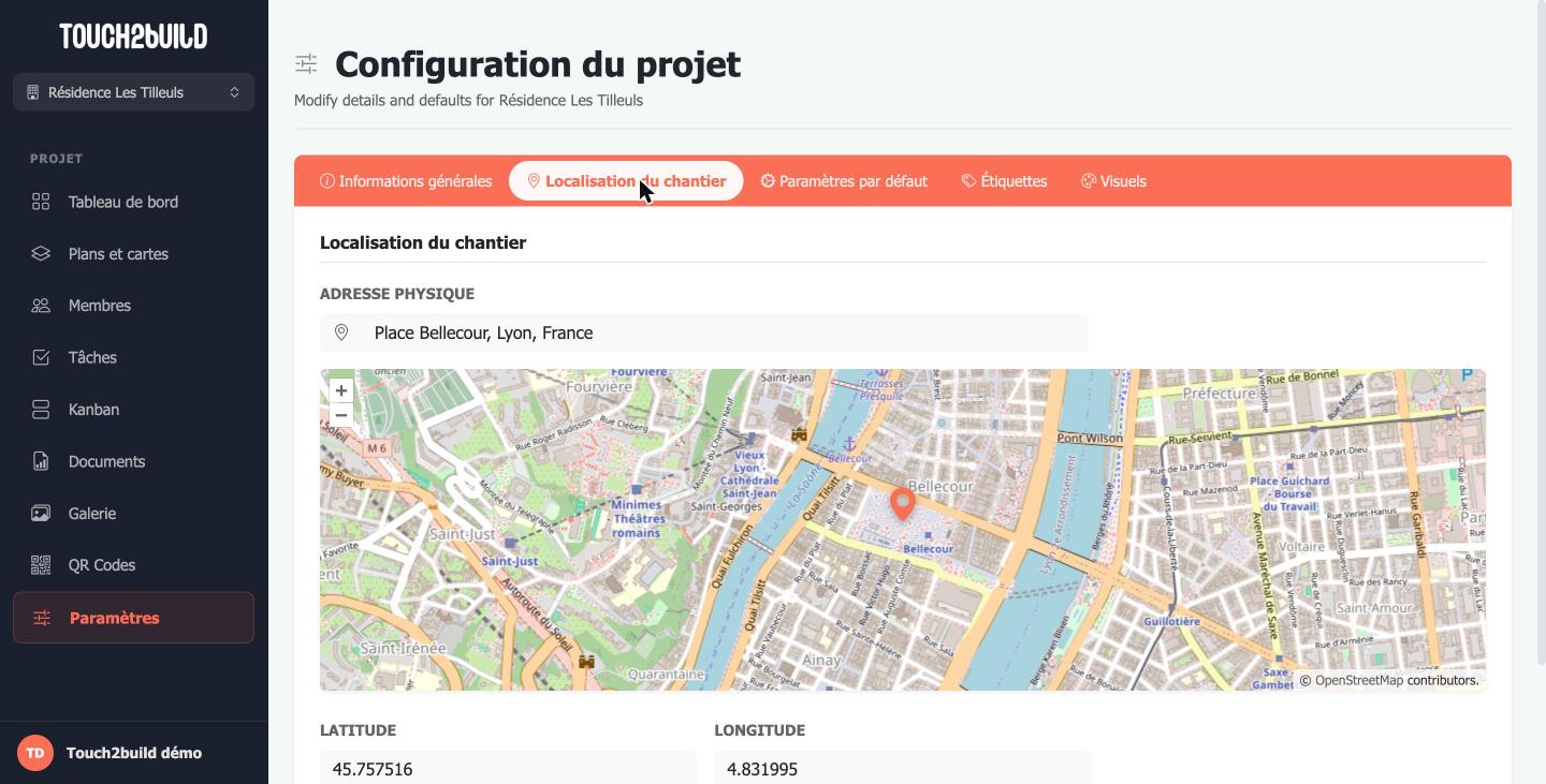 Onglet Localisation du chantier