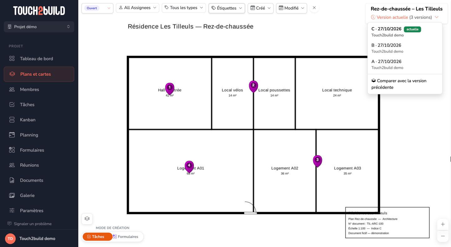 Menu des versions d'un plan