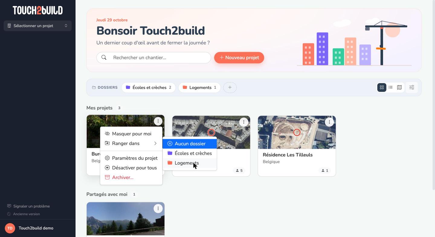 Menu d'un projet avec le sous-menu Ranger dans
