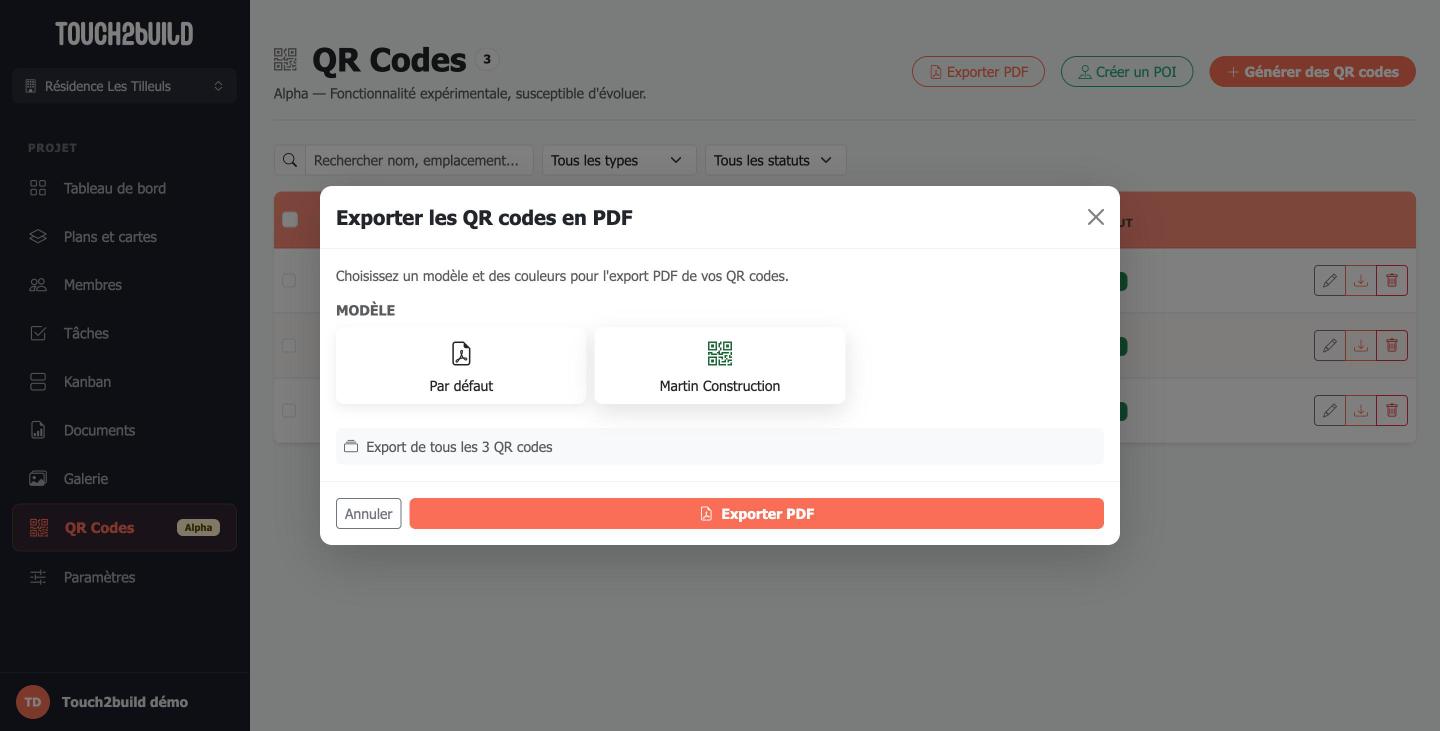 Export PDF des QR codes