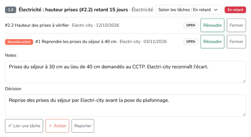 L'action créée apparaît dans le point