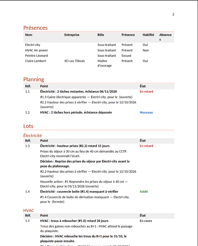 Une page du compte rendu en PDF