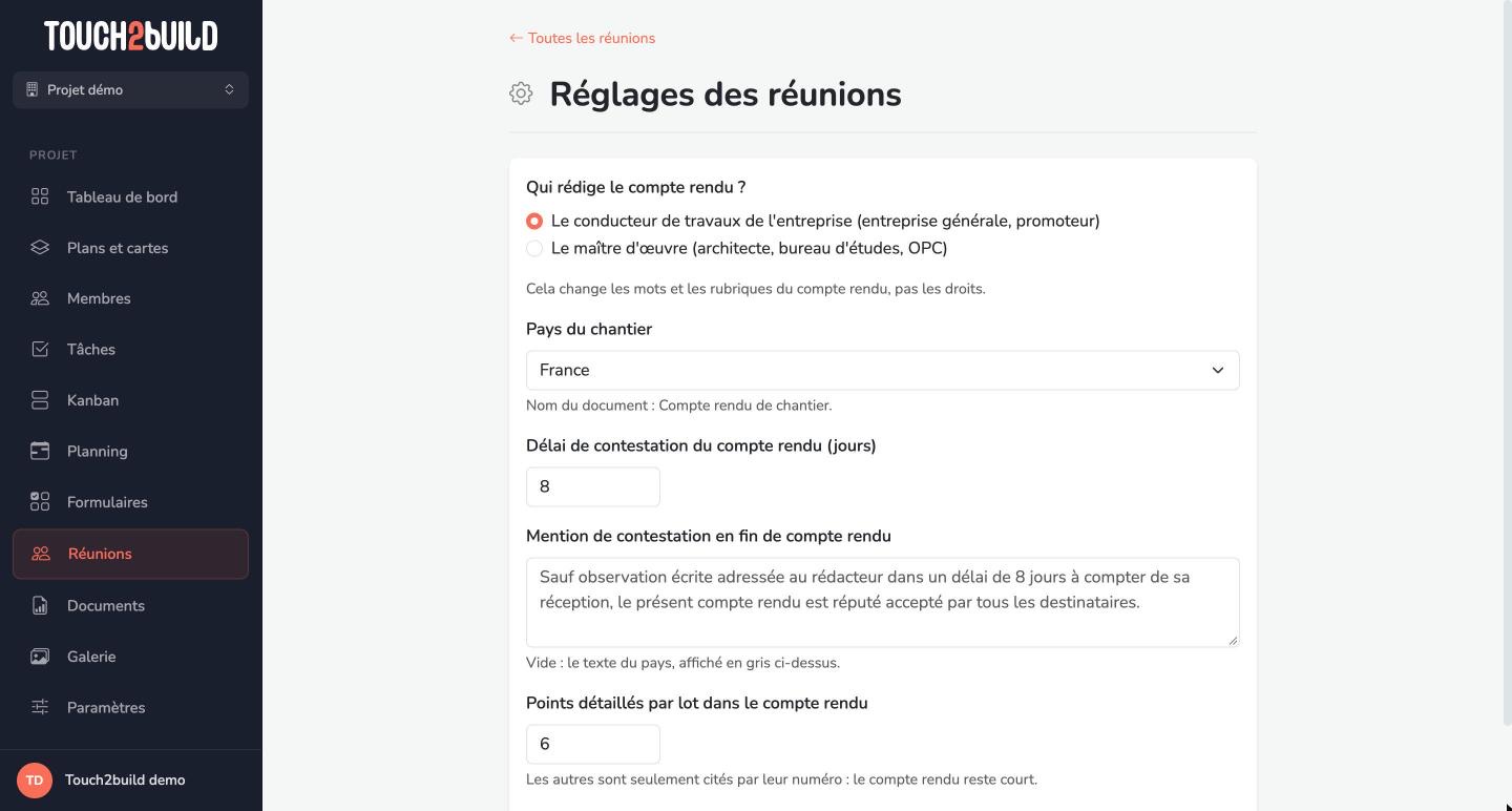 Réglages des réunions