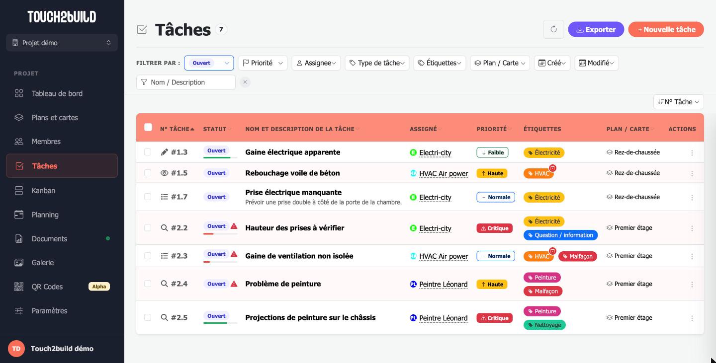 Liste des tâches
