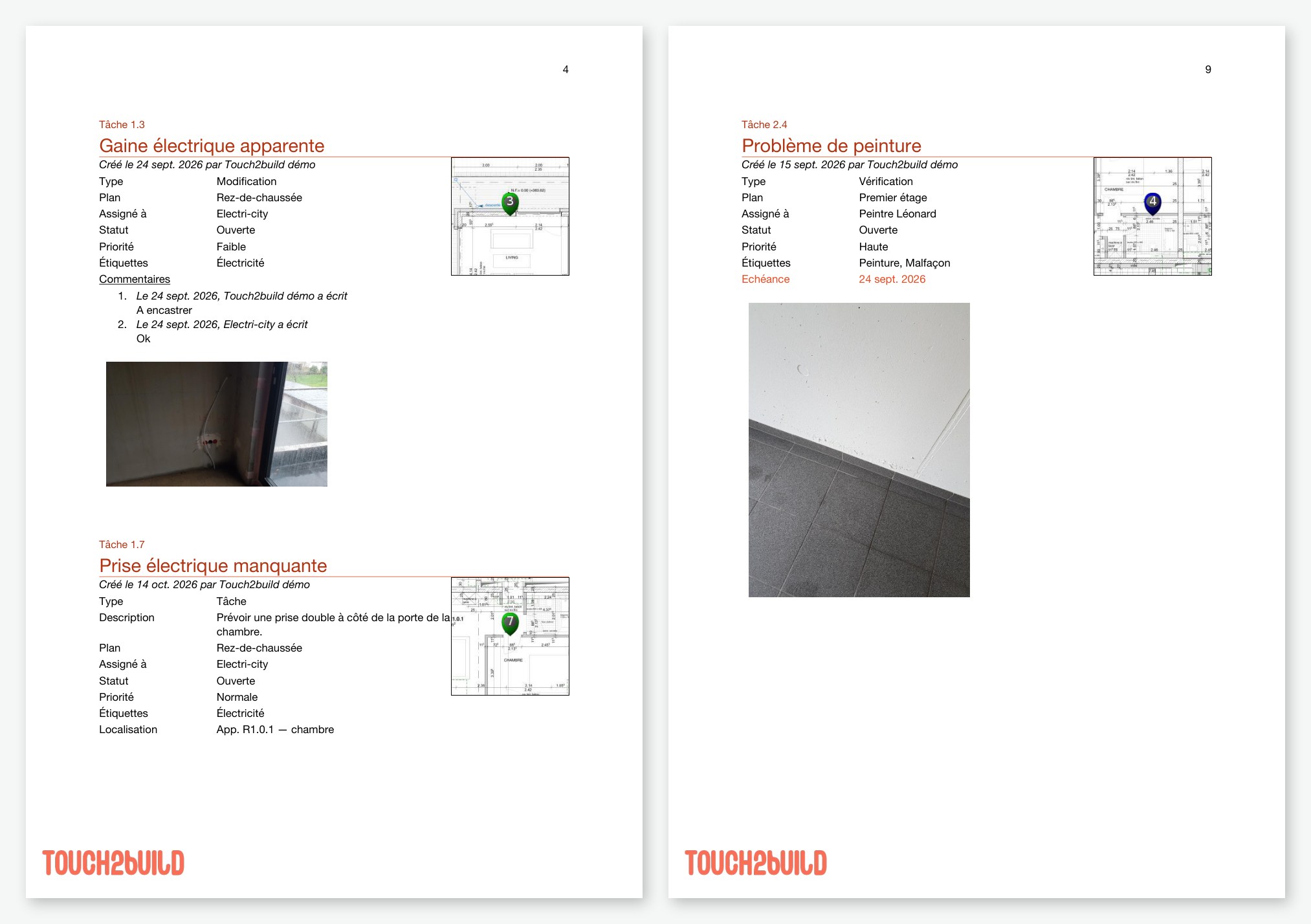Fiches tâches avec zoom sur le plan, commentaires et photos